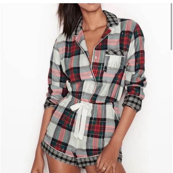 Victorias Secret LOVE Rhinestone Plaid Pajamas Romper - Picture 2 of 9
